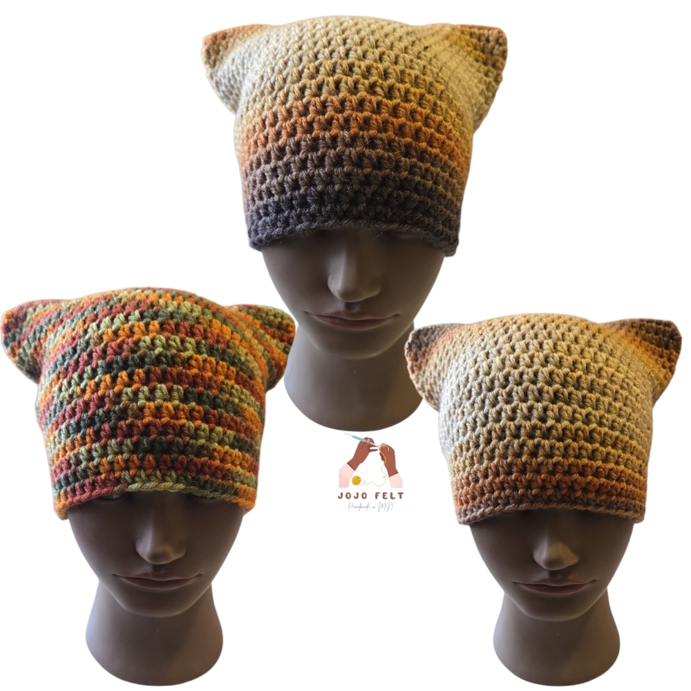 Three Handmade Crochet Cat Beanies Bundle, Teen/Child Fit, HandmadeByMe, Unisex